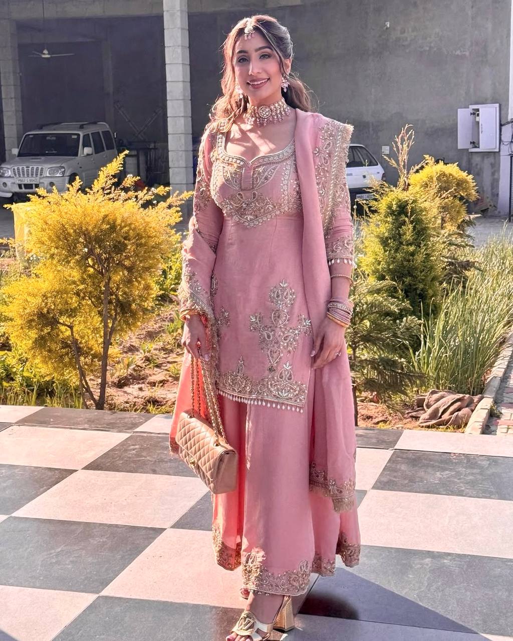 Heavy Pure Chinnon Pink Sharara Suit with Embroidery Sequence and Dupatta – Fully Stitched