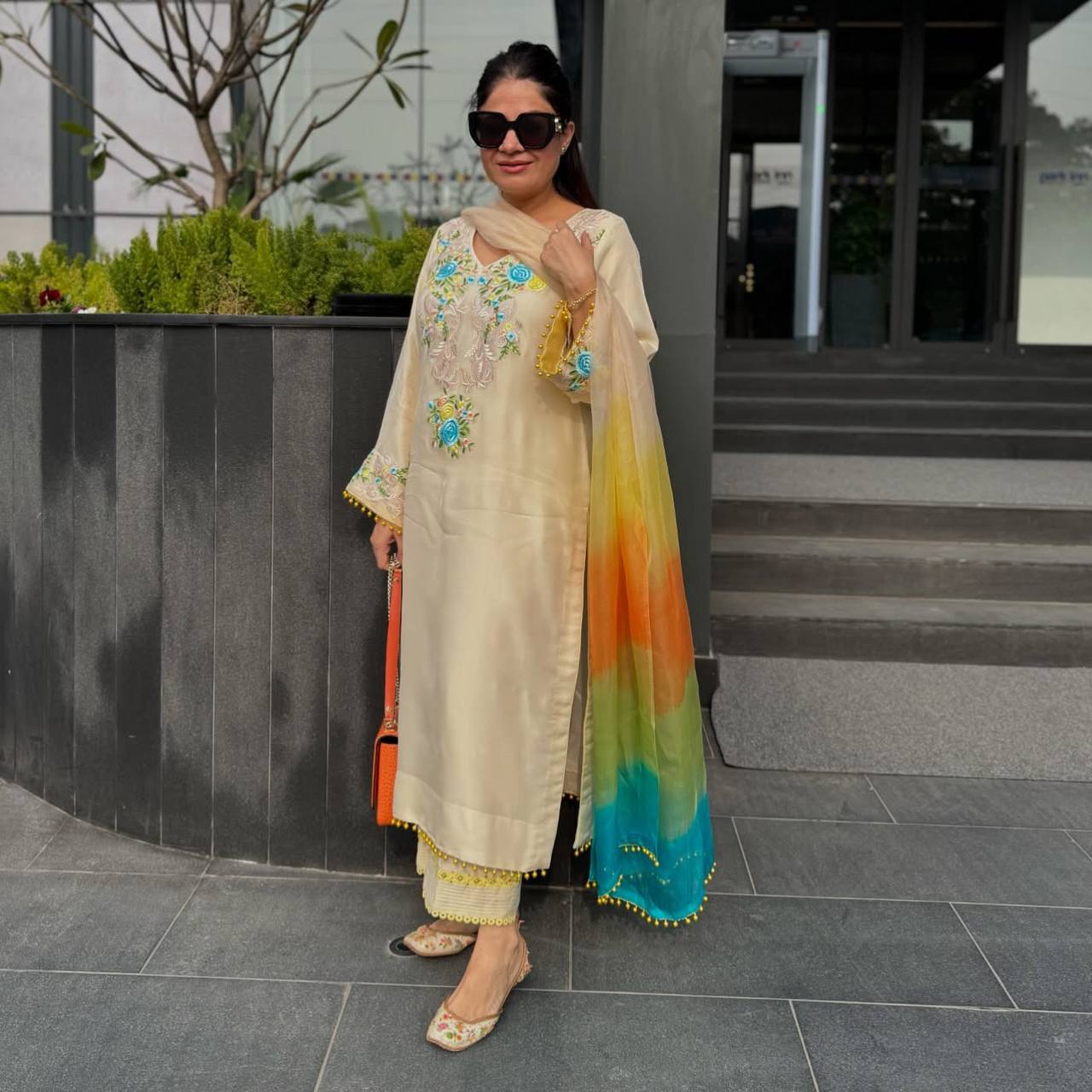 Moss Satin Embroidered Top with Pant and Organza Silk Dupatta