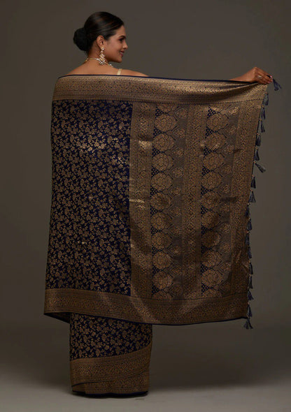 Banarasi Navy Blue Soft Silk Saree with Jacquard Border Blouse