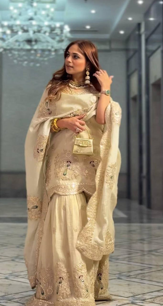 Cream Chinnon Silk Embroidered Suit with Dupatta