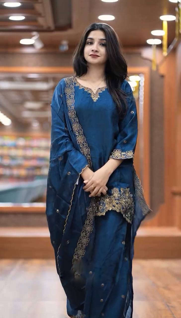 Blue Jimmy Choo Silk Embroidered Suit with Dupatta