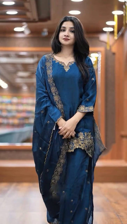 Blue Jimmy Choo Silk Embroidered Suit with Dupatta