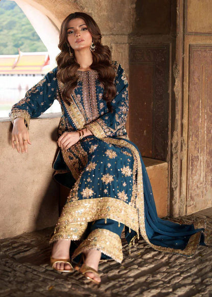 Heavy Bottle Green Georgette Embroidered Suit with Moti Work