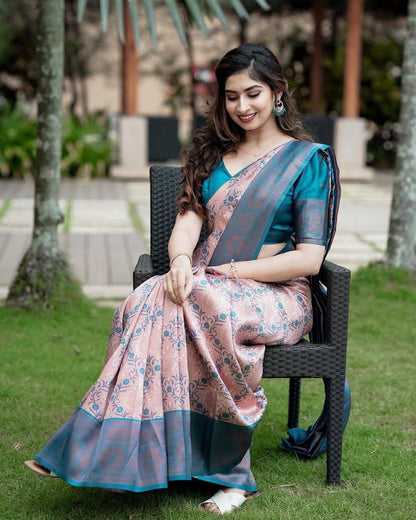 Soft Lichi Silk Peach Saree with Rich Pallu & All-Over Jacquard Work