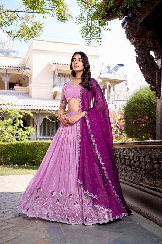 Silver Glosy Embroidered Lavender Lehenga Set with Hotfix Rangoli Silk Dupatta