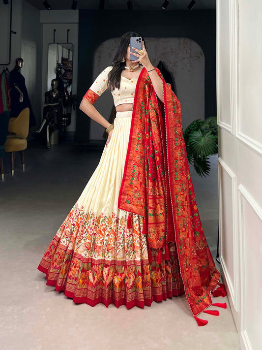 Off White Tussar Silk Lehenga Set with Printed Foil Work and Gotta Patti Dupatta