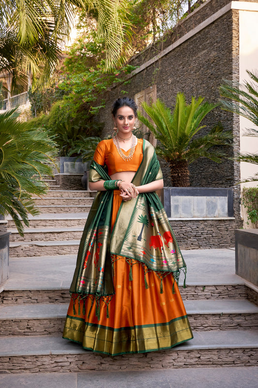 Orange Jacquard Silk Paithani Lehenga Set with Zari Weaving and Tassel Dupatta