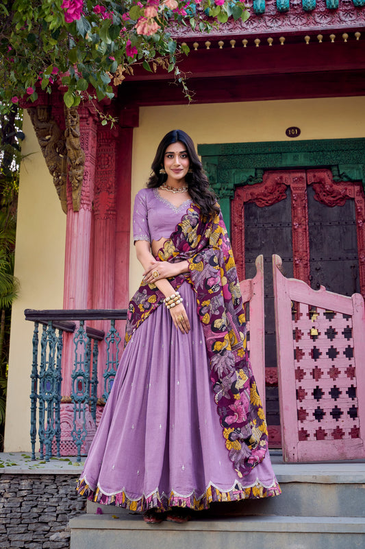 Lavender Vichitra Silk Lehenga Set with Kalamkari Print Border & Tussar Silk Dupatta