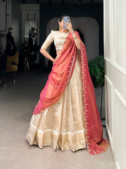 Jacquard Chex Lehenga Set with Zari Weaving Work and Zari Shimmer Dupatta