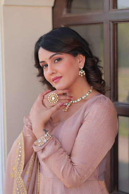 Peach Fendy Chiffon 12-Kali Anarkali Gown with Embroidered Cut-Work Dupatta