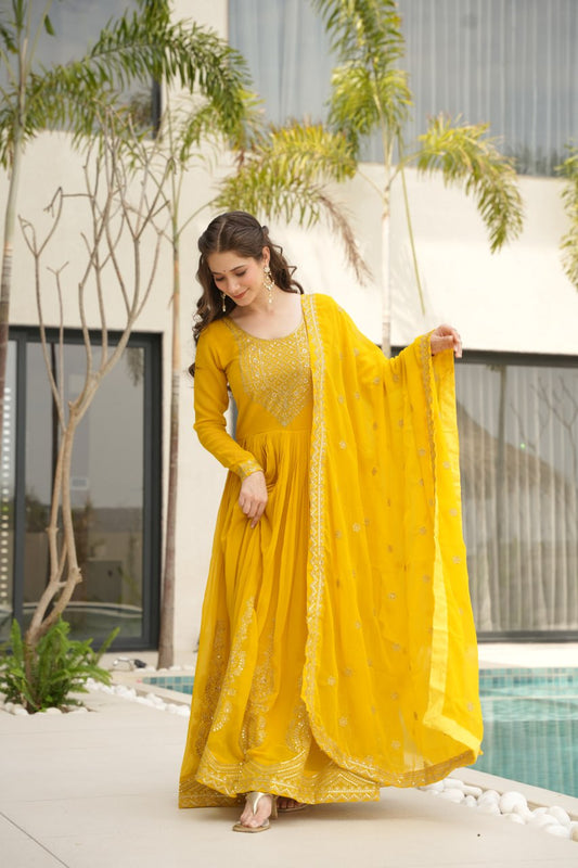 Yellow Fendy Chiffon 12-Kali Anarkali Gown with Embroidered Cut-Work Dupatta