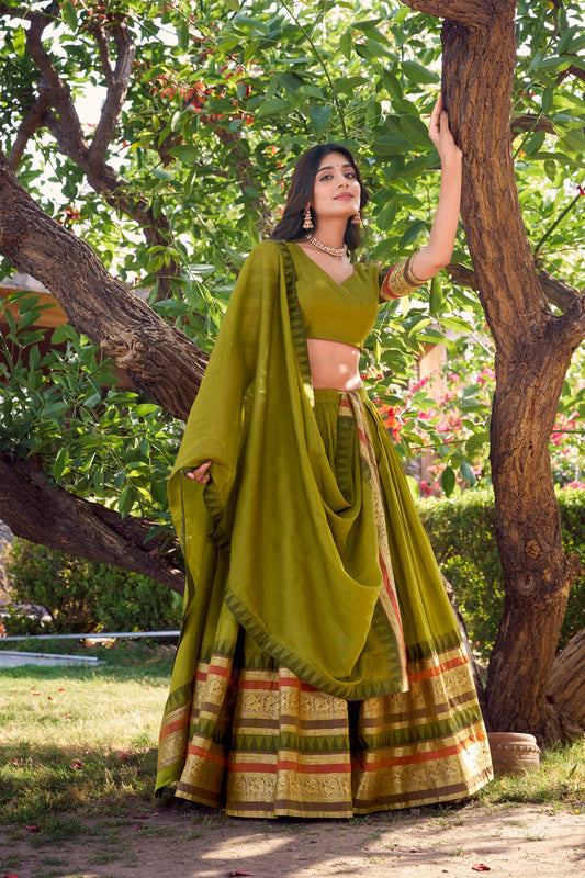 Pure Chanderi Mehendi Green  Lehenga with Zari Weaving Work Border & Dupatta
