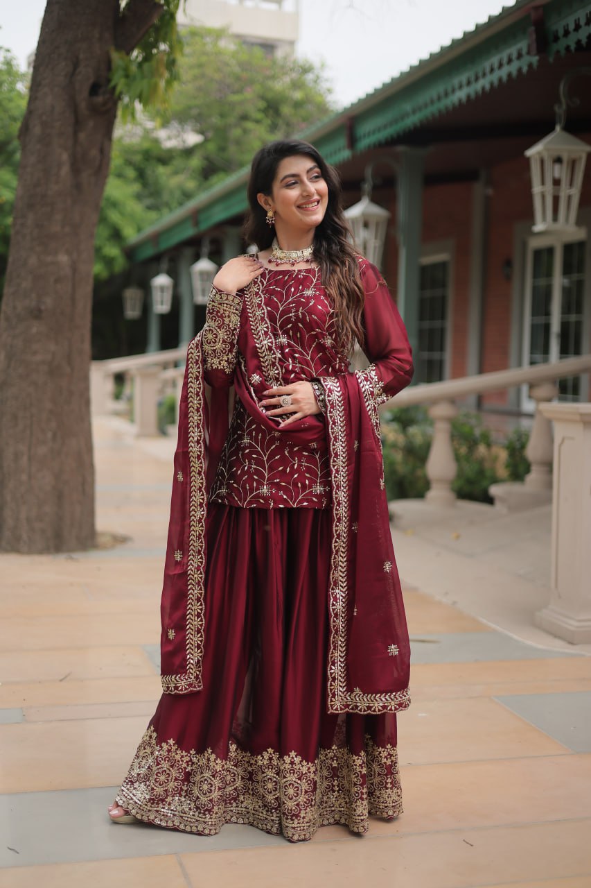 Premium Designer Readymade Maroon Kurti Plazoo Dupatta By Stylish Ethnic