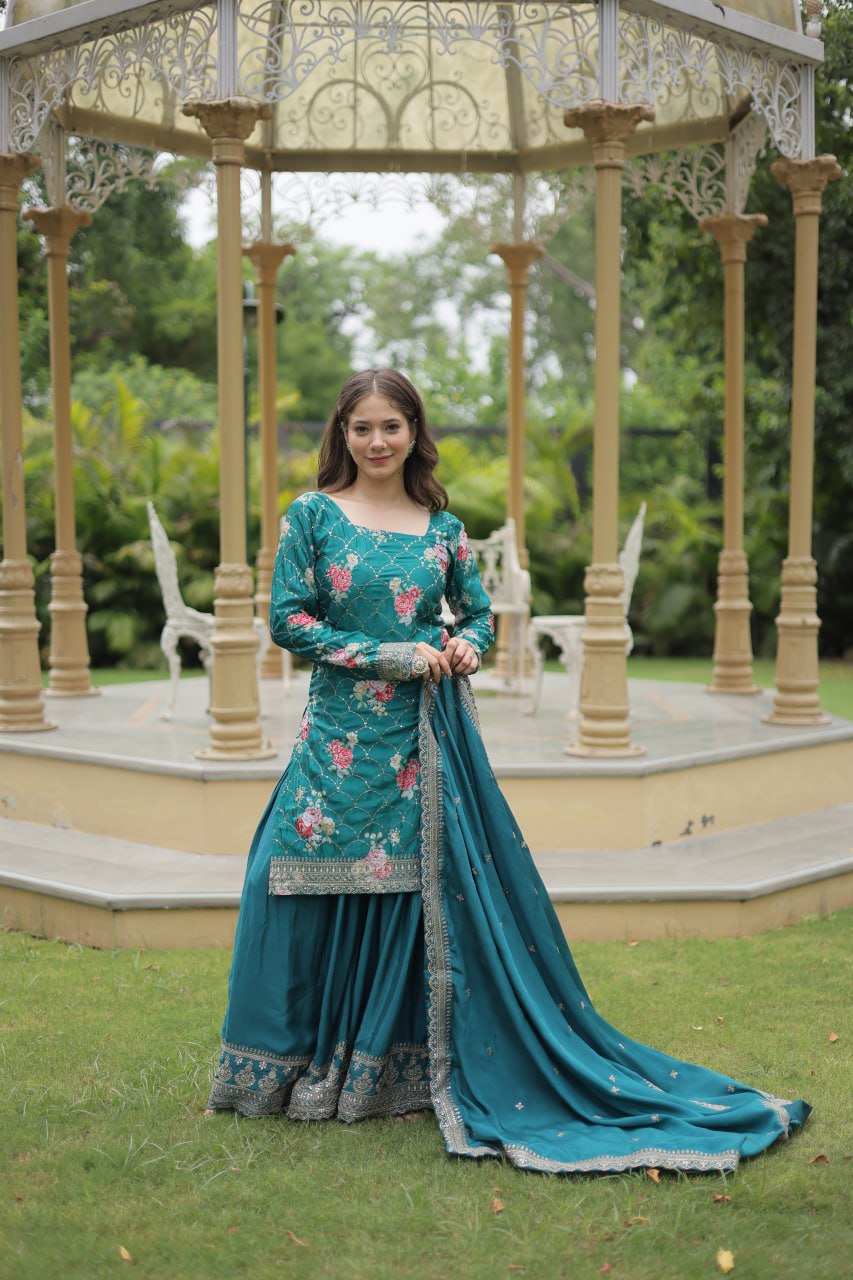 Firozi Blue Color Chinnon Printed Plazzo Suit By Stylish Ethnic