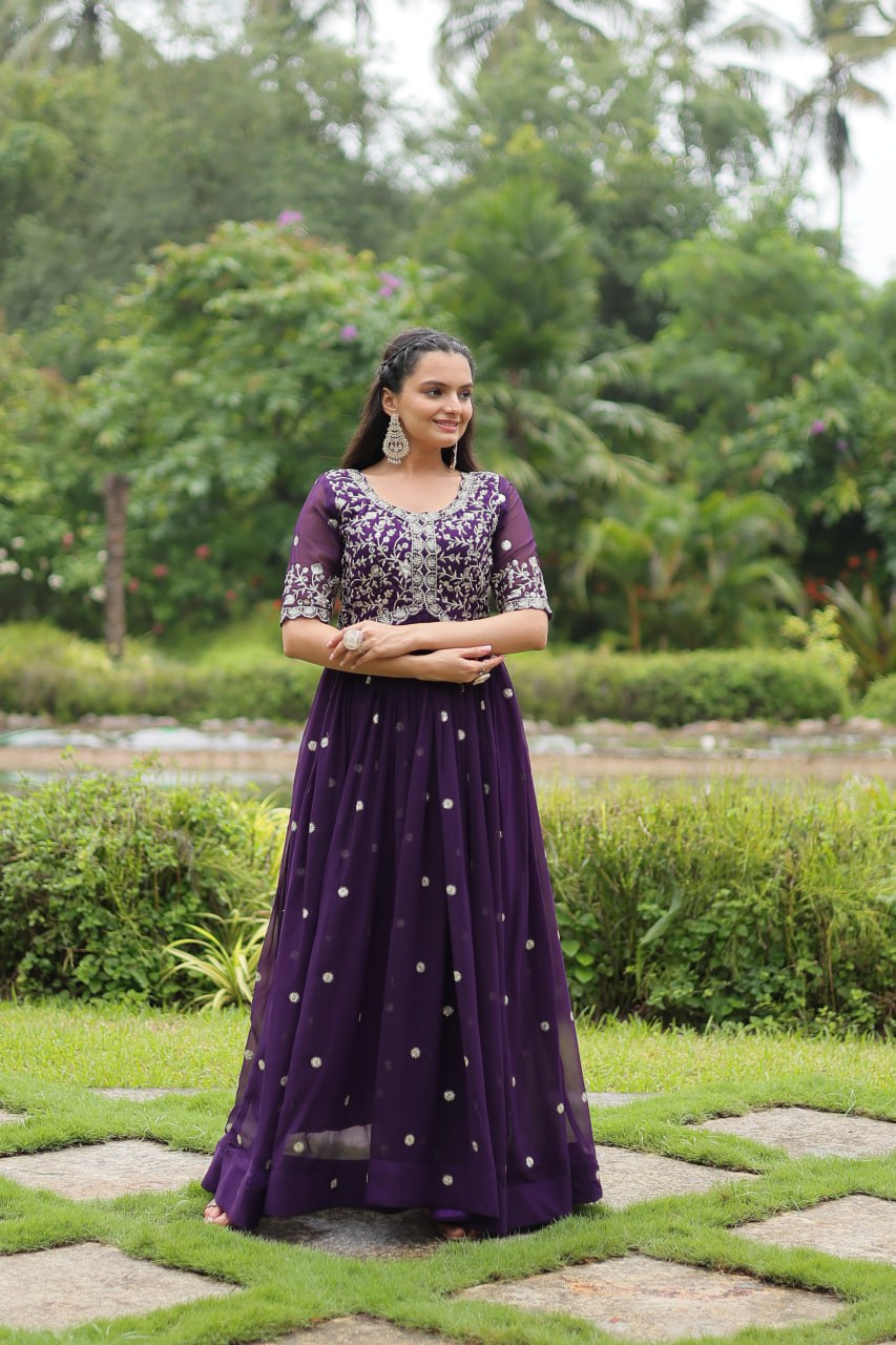 Purple Embroidered Faux Blooming Gown By Stylish Ethnic