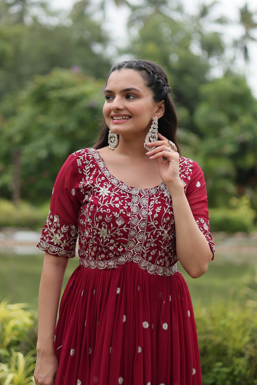 Maroon Embroidered Faux Blooming Gown By Stylish Ethnic