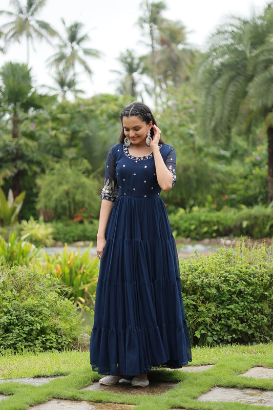 Blue Zari Sequin Embroidered Faux Blooming Gown By Stylish Ethnic