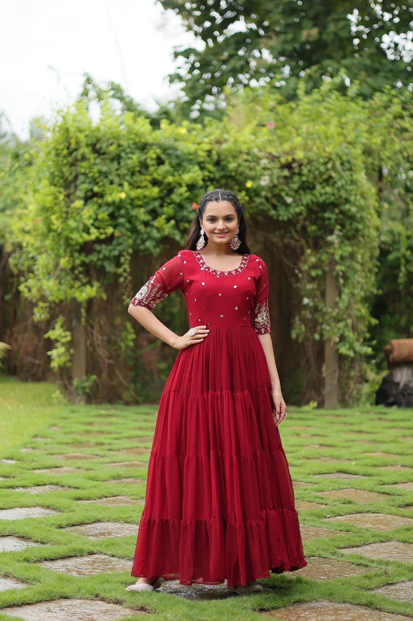 Maroon Zari Sequin Embroidered Faux Blooming Gown By Stylish Ethnic