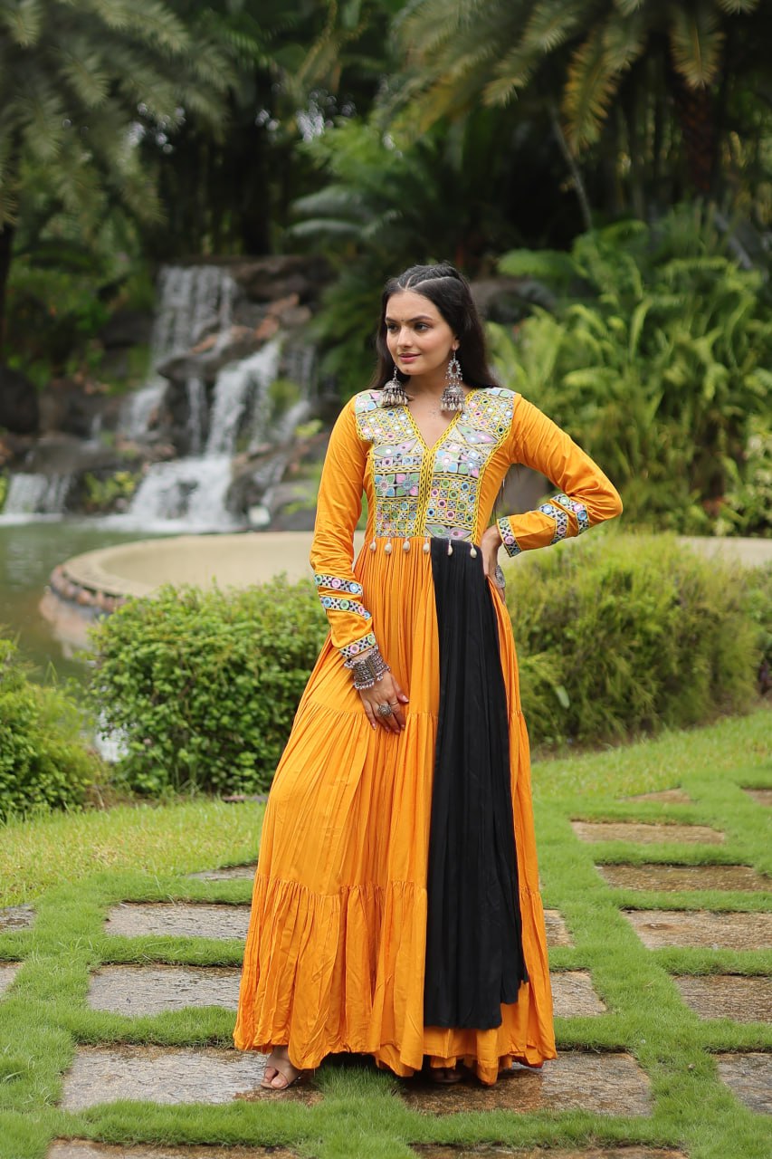 Mustard Color Reyon Gamthi Style Navratri Gown By Stylish Ethnic