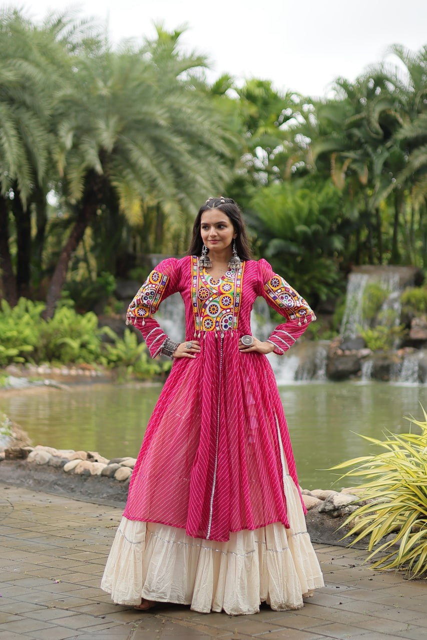 Rani Pink Mirror Work Cotton Navratri Wear Kurti With Lehenga By Stylish Ethnic