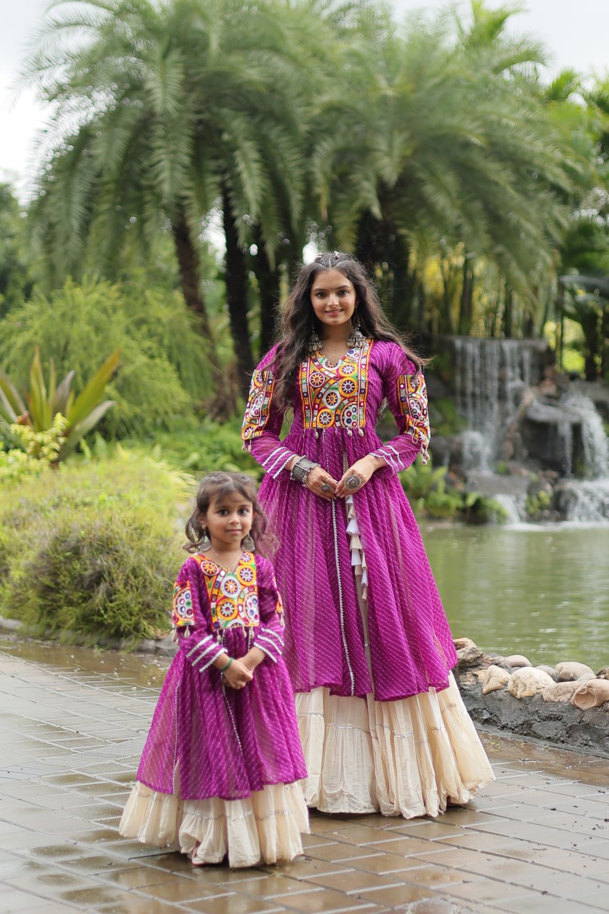 Mother Daughter Matching Lehenga With Gamthi Work Purple Navaratri Combo By Stylish Ethnic