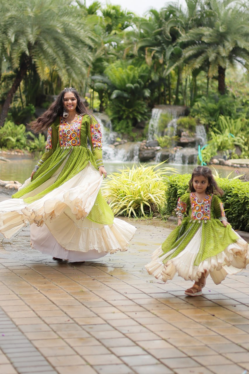 Mother Daughter Matching Lehenga With Gamthi Work Pista Green Navaratri Combo By Stylish Ethnic