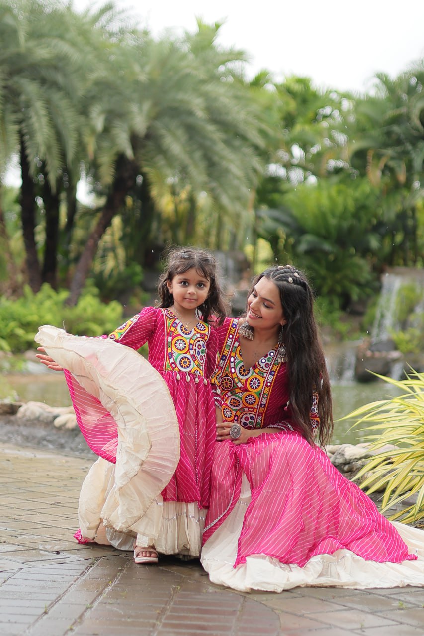 Mother Daughter Matching Lehenga With Gamthi Work Rani Pink Green Navaratri Combo By Stylish Ethnic