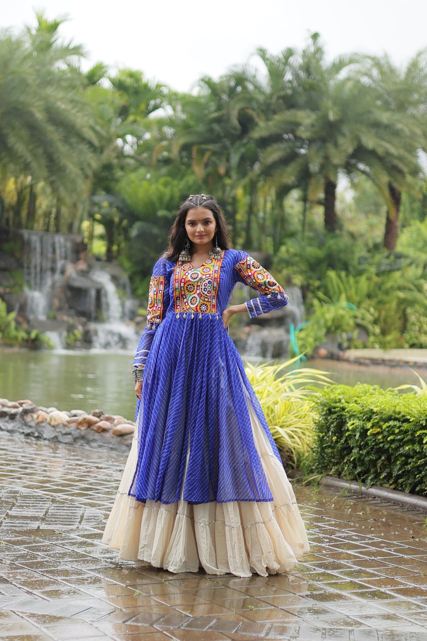 Mother Daughter Matching Lehenga With Gamthi Work Blue Green Navaratri Combo By Stylish Ethnic