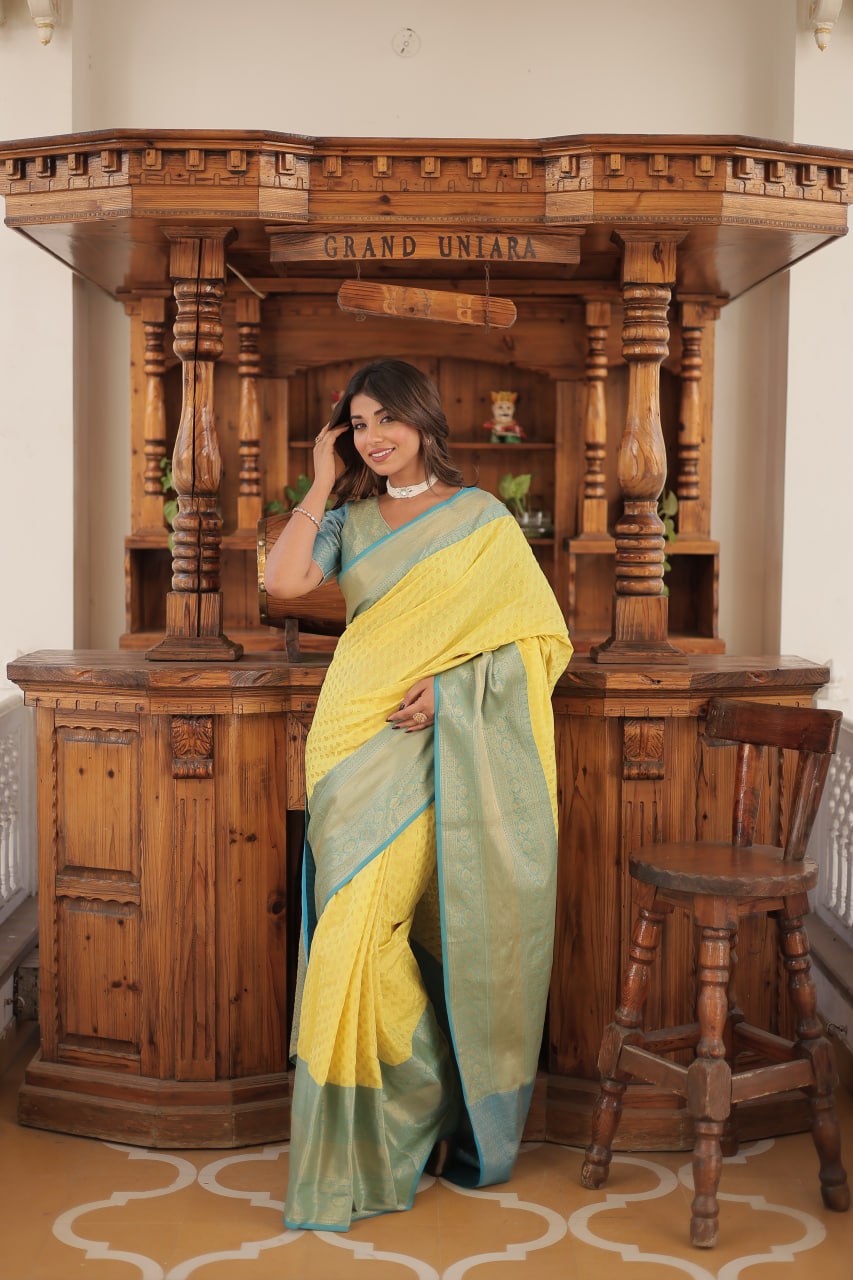 Yellow Color Kanjivaram Soft Silk Saree By Stylish Ethnic