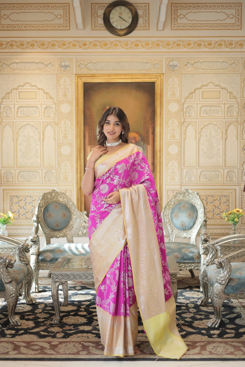 Kanjivaram Silk Pink Saree with Zari Weaving Work with Blouse By Stylish Ethnic