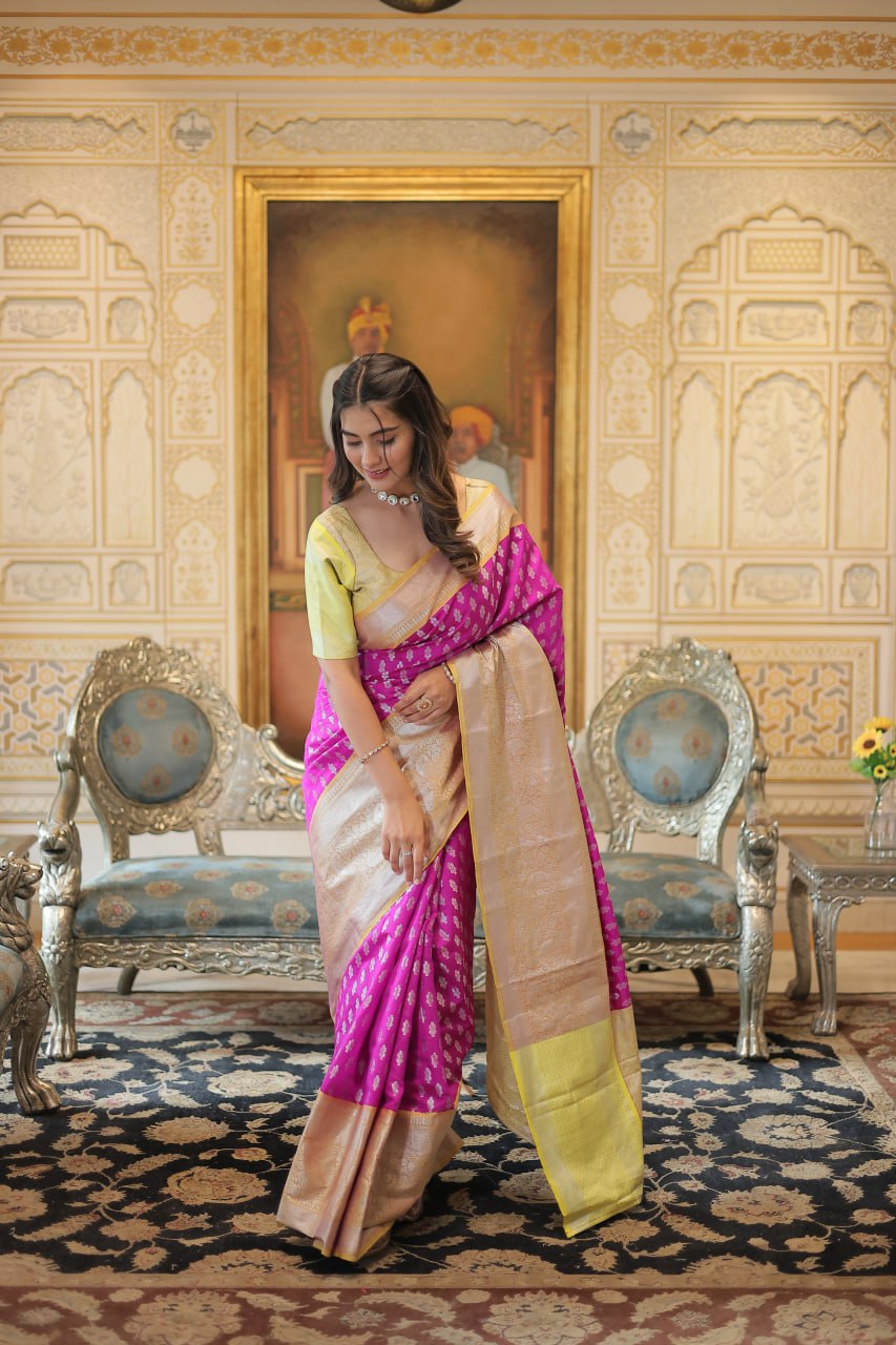 Hot Pink Banarasi Silk Saree By Stylish Ethnic