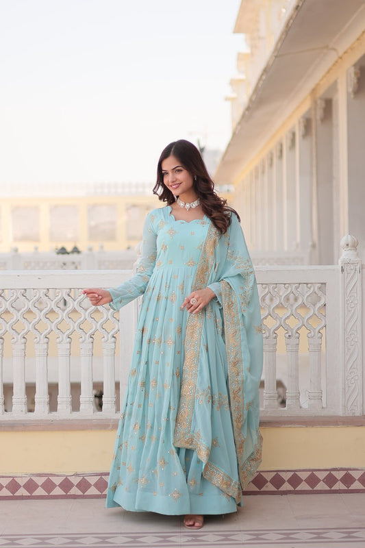 Faux Georgette Sky Blue Green Gown with Zari & Sequin Embroidered Dupatta By Stylish Ethnic