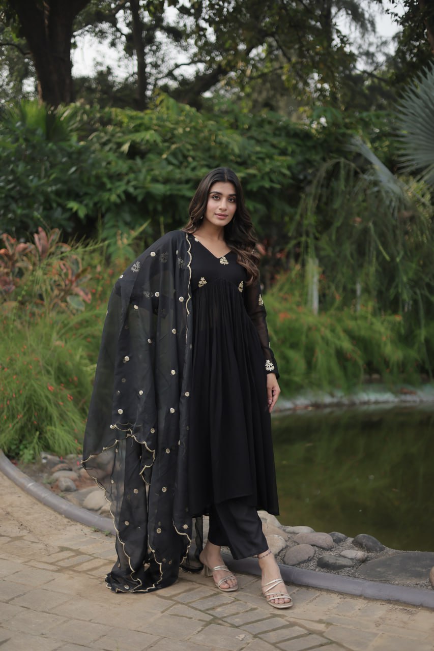 Black Nayra Cut Anarkali Suit with Embroidery Work