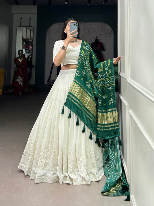 Off White Color Lucknowi Work Lehenga Choli With Gaji Silk Green Dupatta