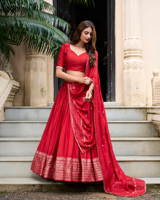 Grace and Beauty Pure Chanderi Sequin Embellished Red Lehenga