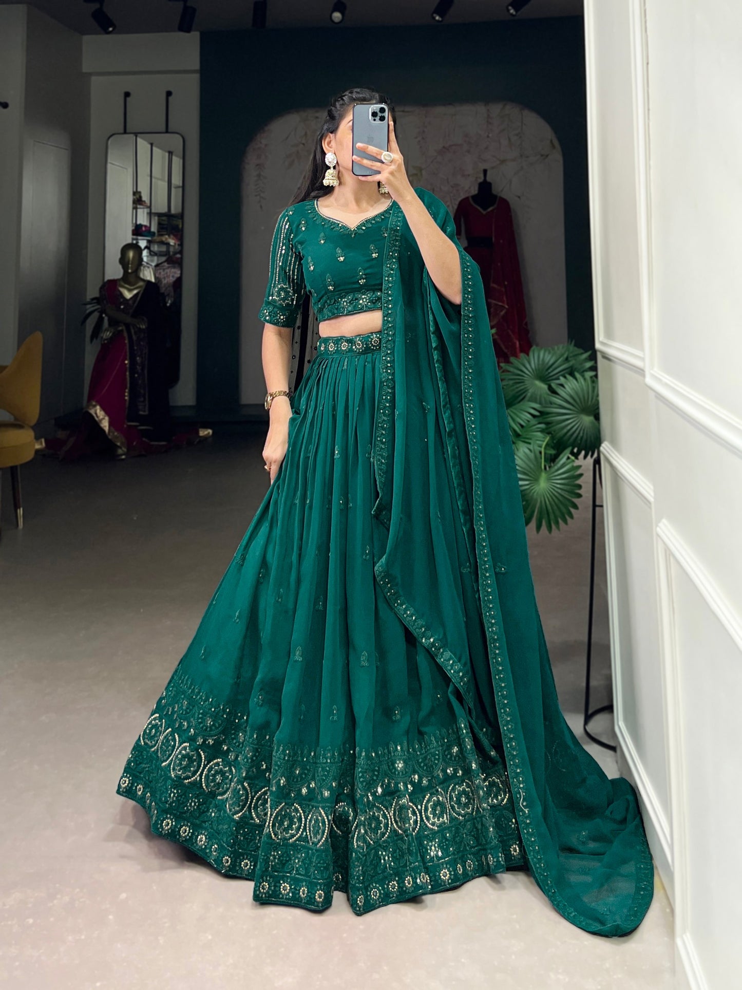 Green Color Sequence Embroidery Work Georgette Lehenga Choli