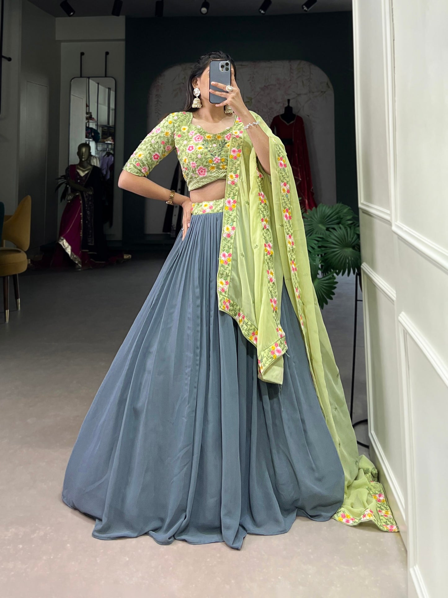 Lovely Grey Thread Embroidery Georgette Reception Wear Lehenga Choli