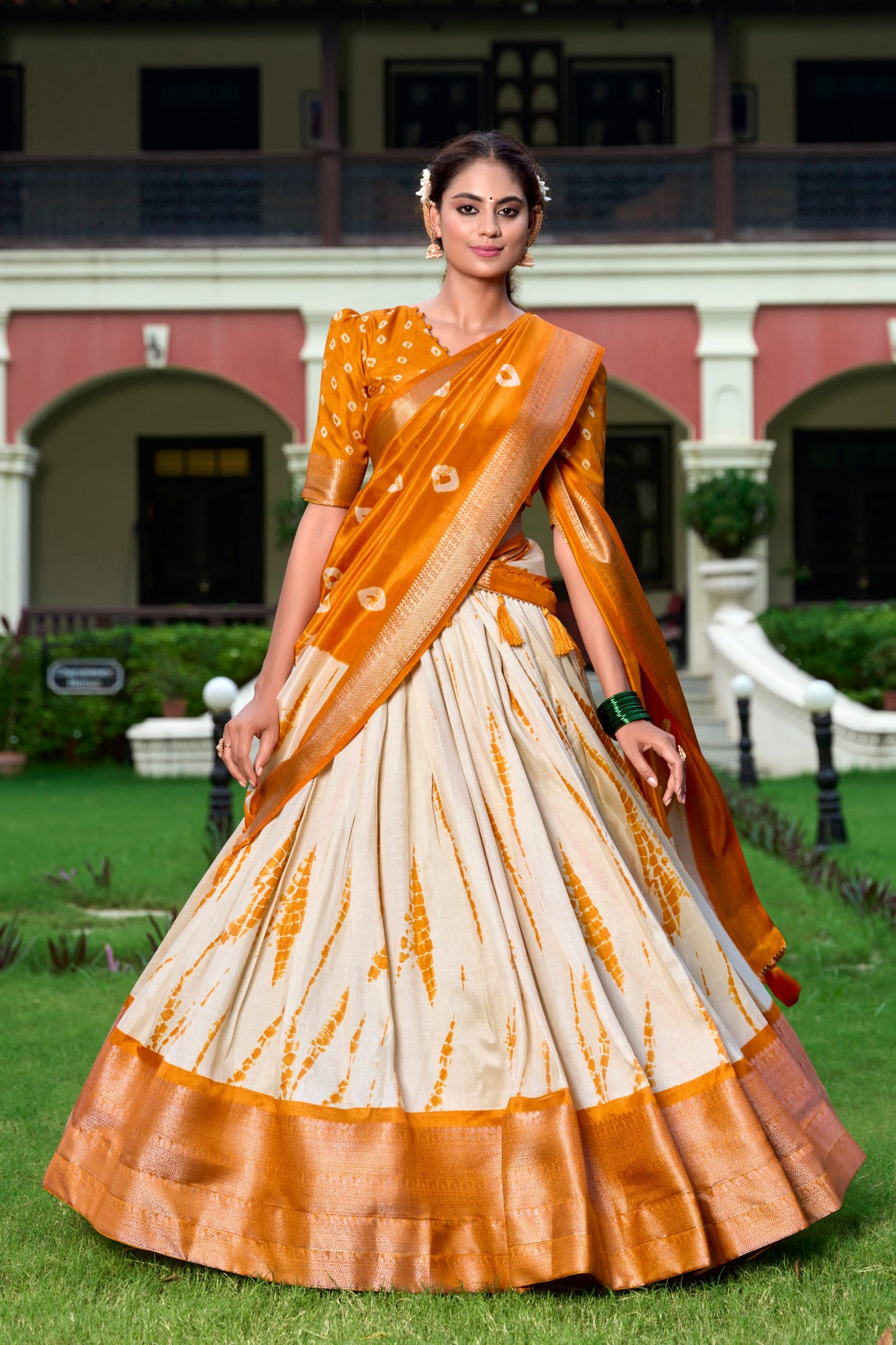 Mustard Yellow Color Dola Silk Shibori Print Zari Weaving Lehenga Choli