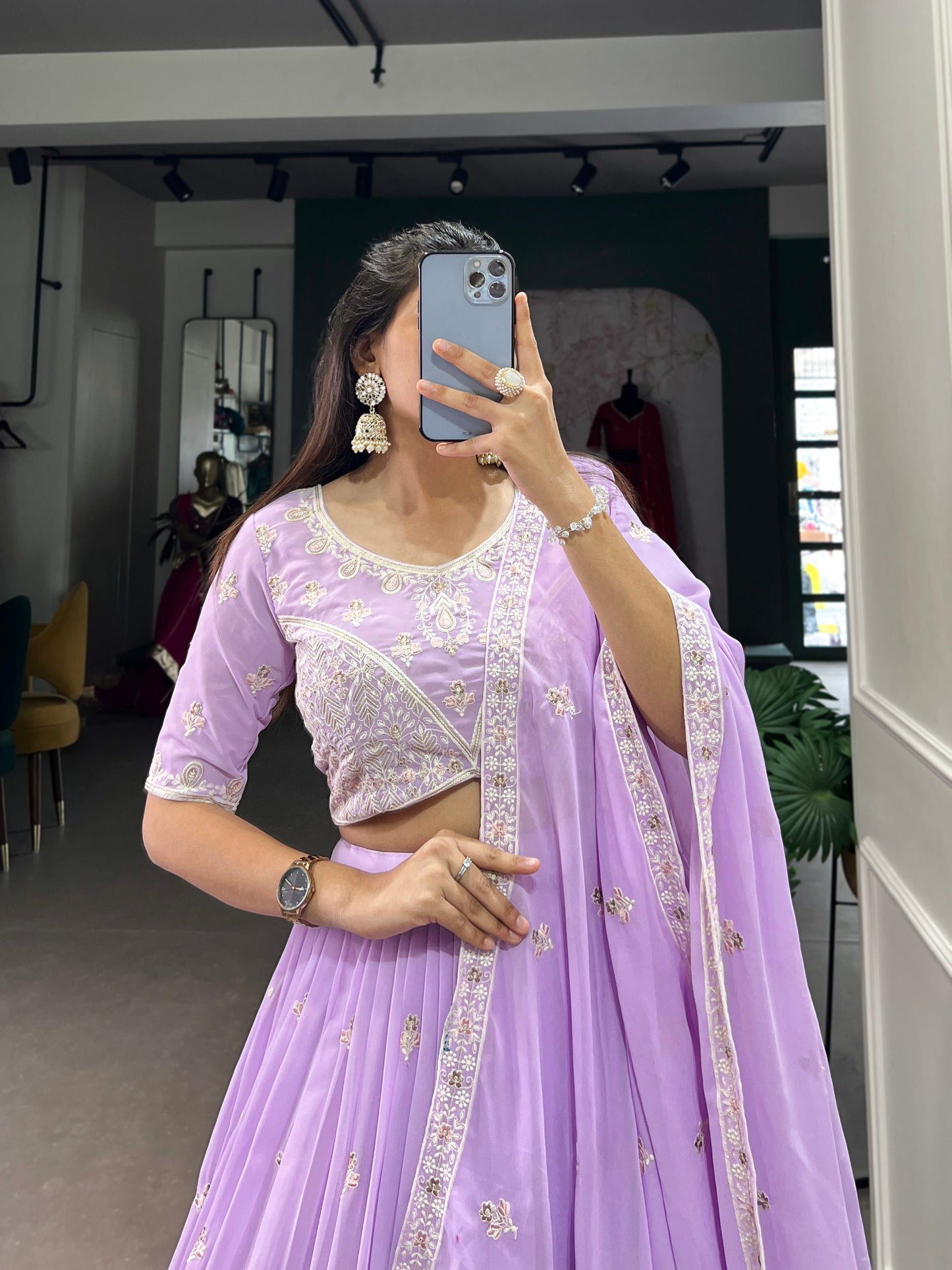 Amazing Lavender Thread Work Georgette Engagement Wear Lehenga Choli