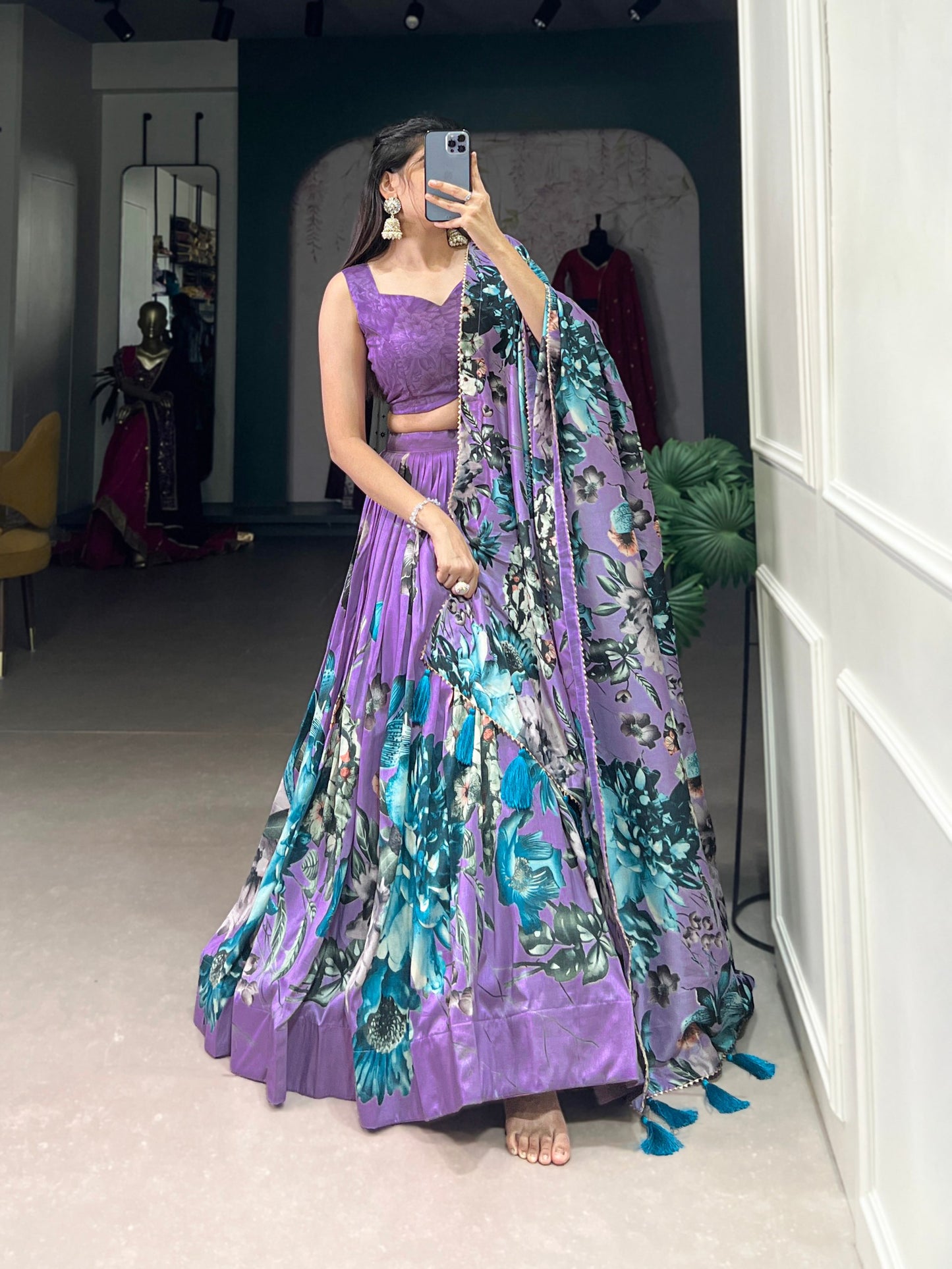 Lavender Tussar Silk Floral Lehenga choli