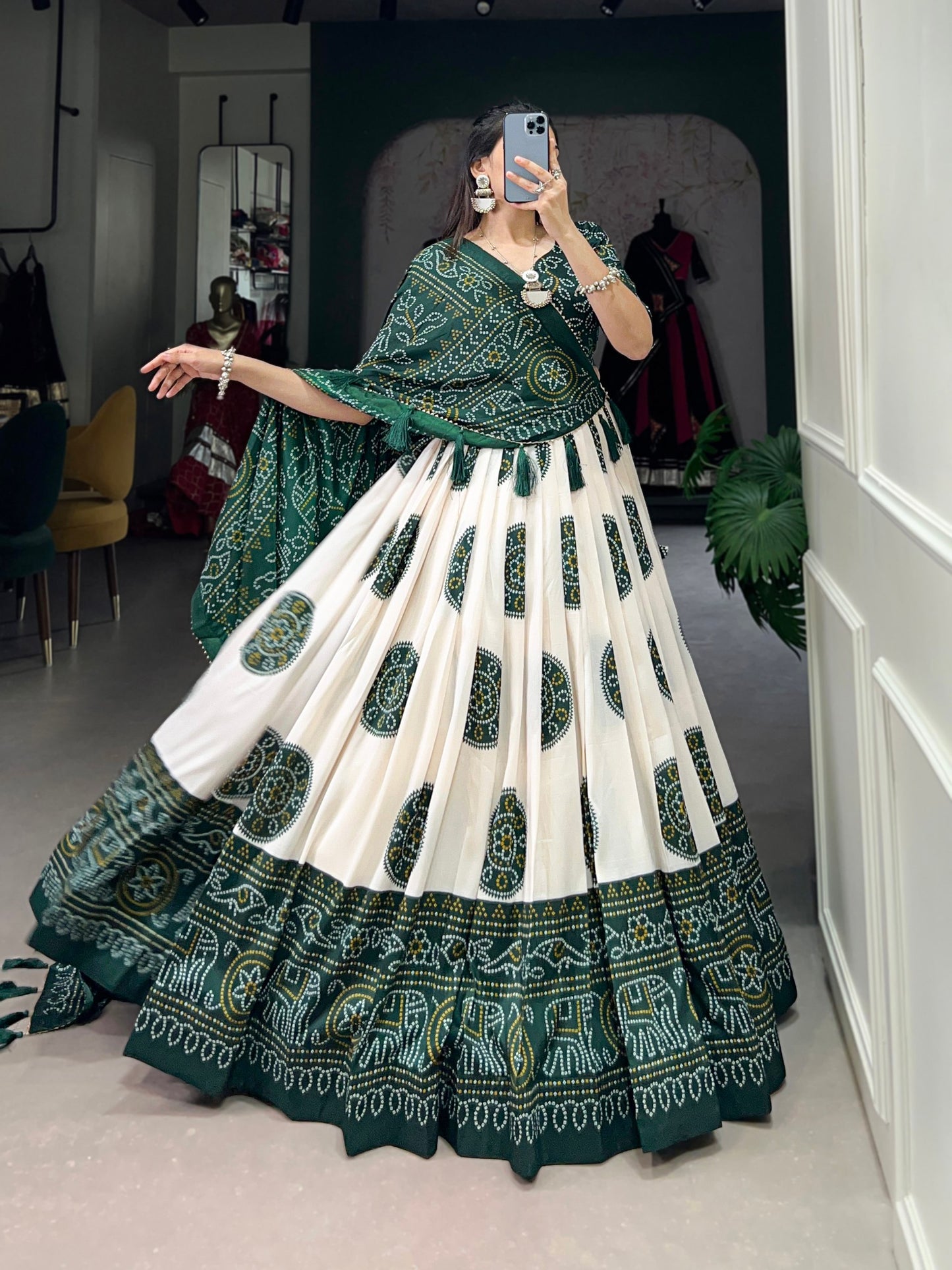 Striking Green Color Bandhani Printed Tussar Silk Event Wear Lehenga Choli