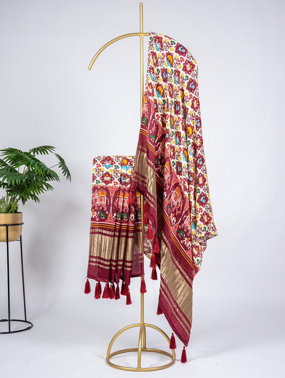 Pure Gaji Silk Patola Print Cream Colour Dupatta with Tassels