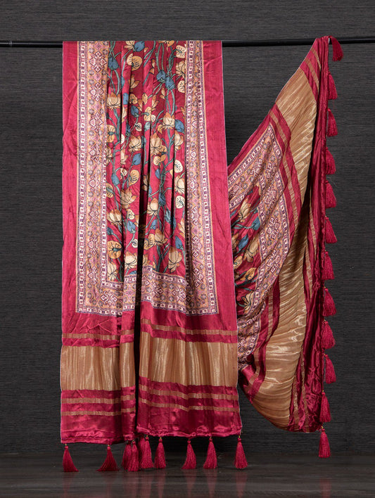 Pure Gaji Silk Floral Print Maroon Colour Dupatta with Tassels