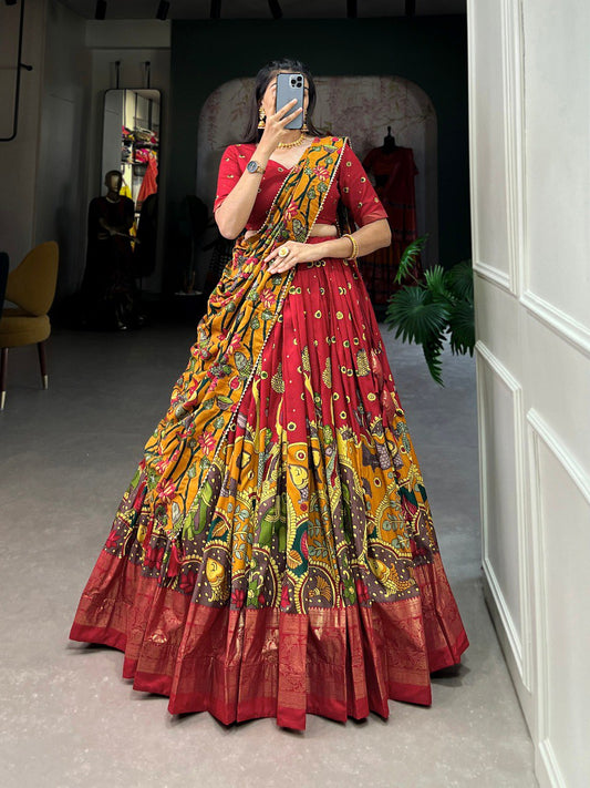 Red Printed Art Silk Lehenga Choli