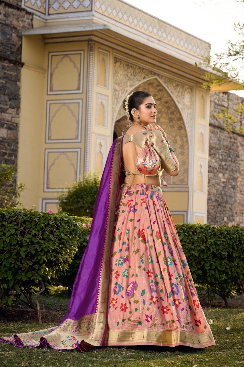 Peach Zari Woven Jacquard Silk Lehenga Set With Purse