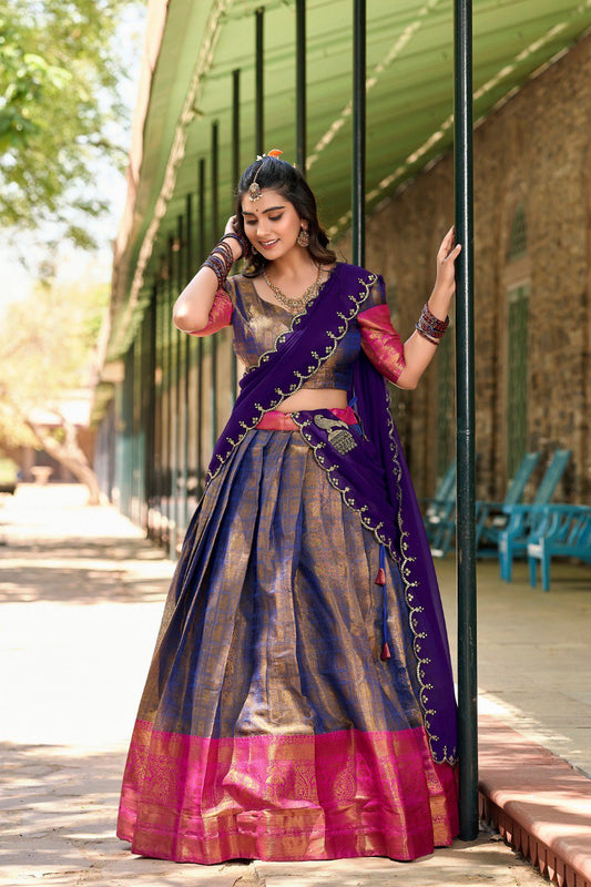 Lovely Blue Zari Woven Kanchipuram Silk Traditional Half Saree Lehenga