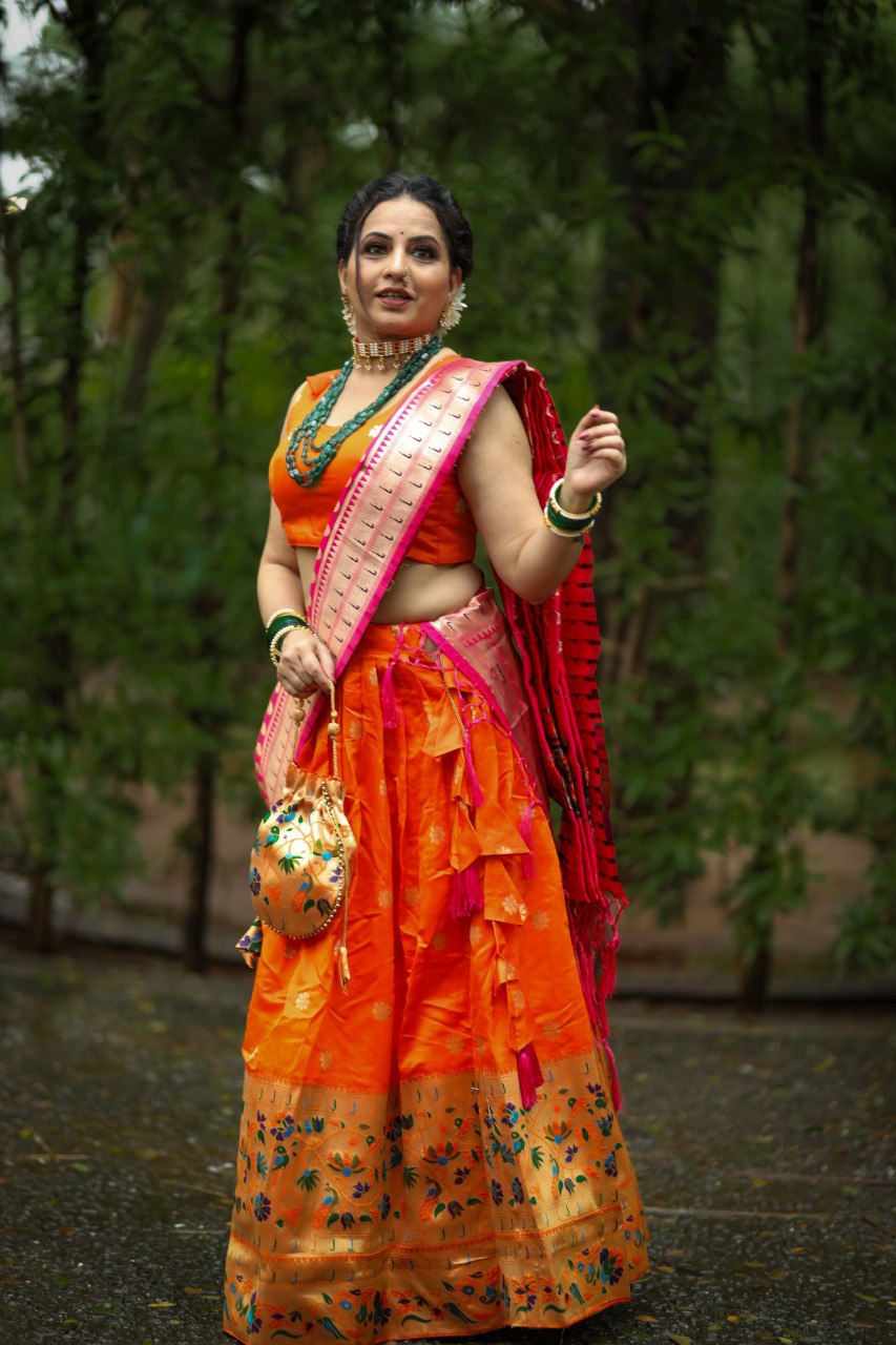 Designer Orange Color Jacquard Paithani silk Lehenga Choli