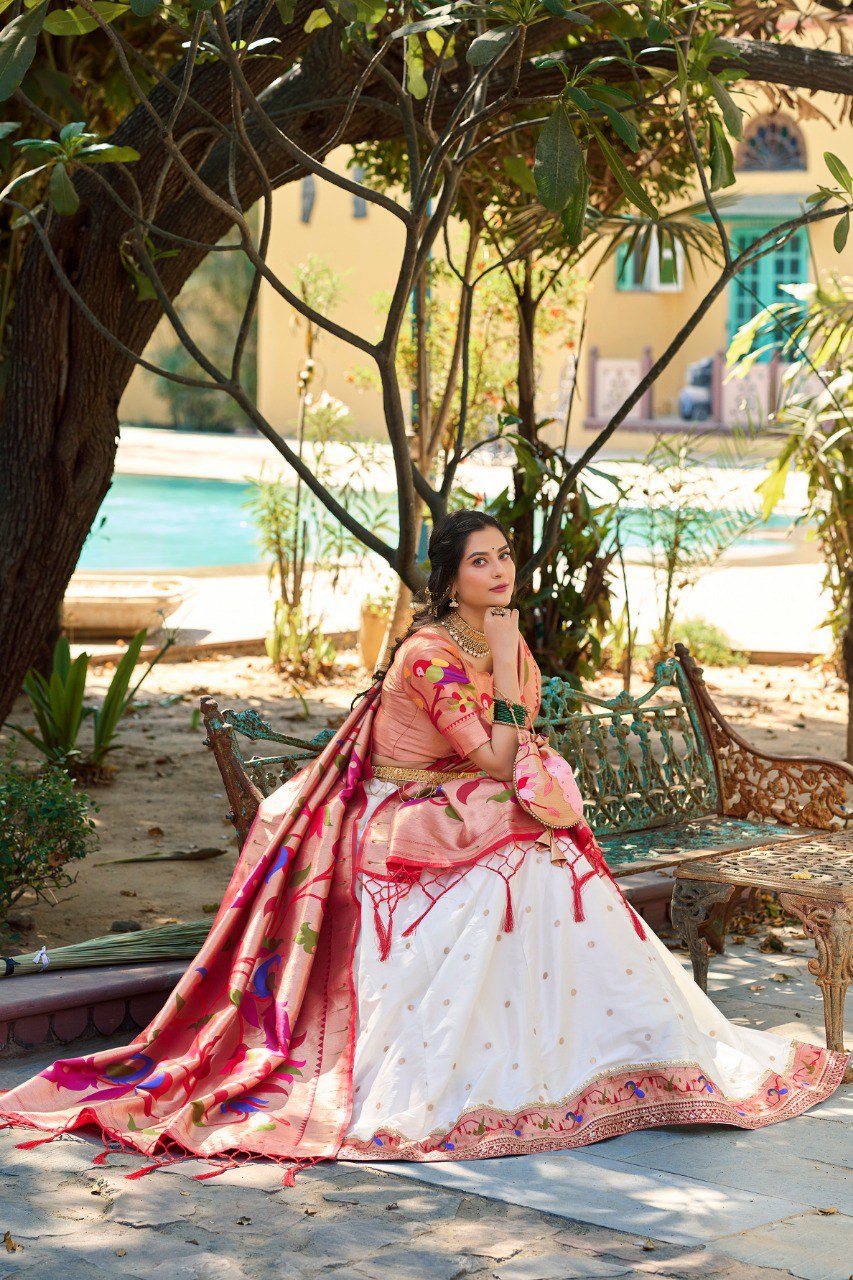 White Color Jacquard Silk Paithani Lehenga With Zari Work Lehenga Choli Set