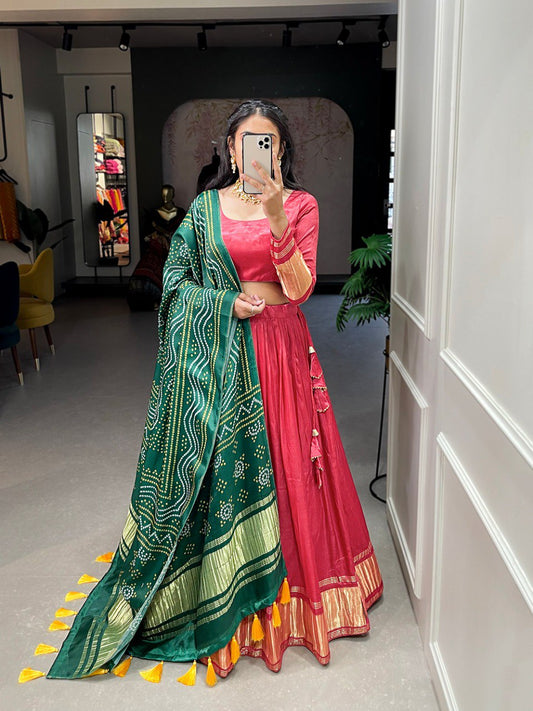 Red Color Gaji Silk Yeing With Lagdi Patta Lehenga Choli