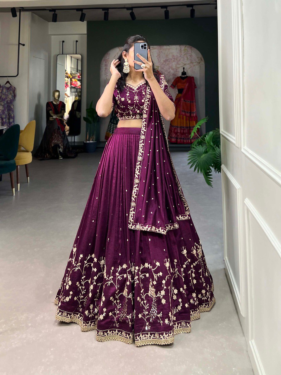 Wine Color Vichitra Silk Sequence Embroidery Lehenga Choli